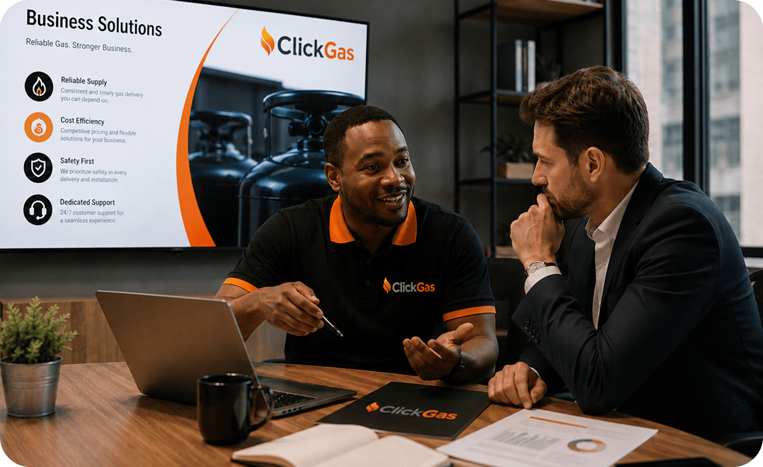 ClickGas team member presenting Business Solutions to a commercial client