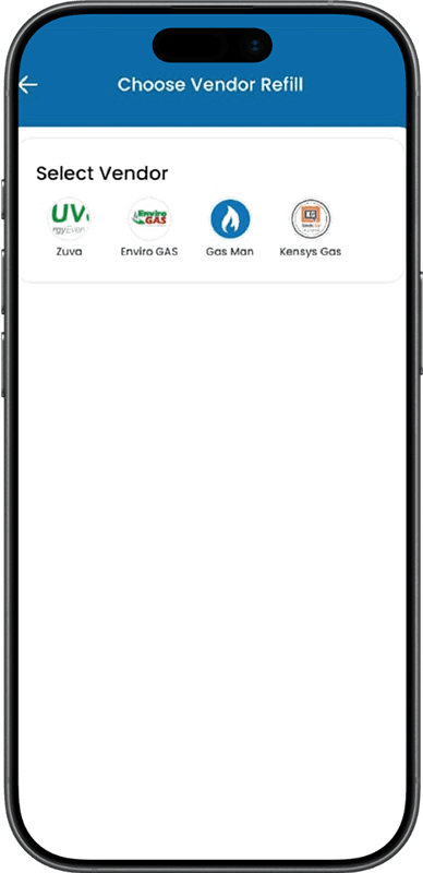 ClickGas app choose vendor refill screen with nearby supplier options