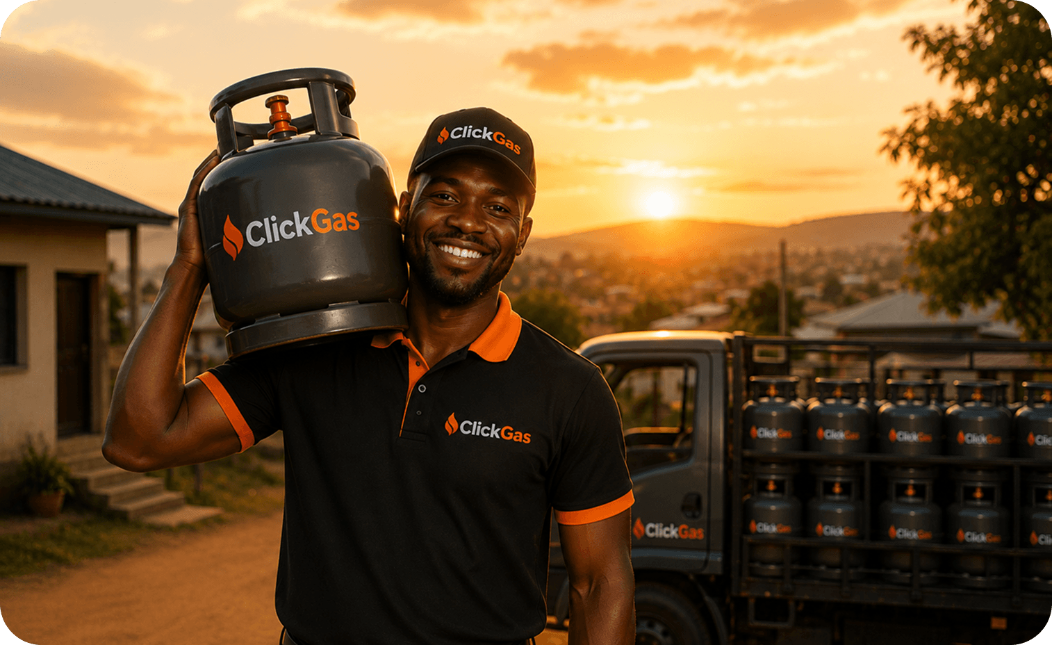 ClickGas delivery partner carrying an LPG cylinder near a loaded delivery truck