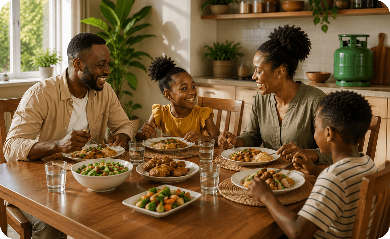 Family sharing a meal at home with safe LPG use in the kitchen