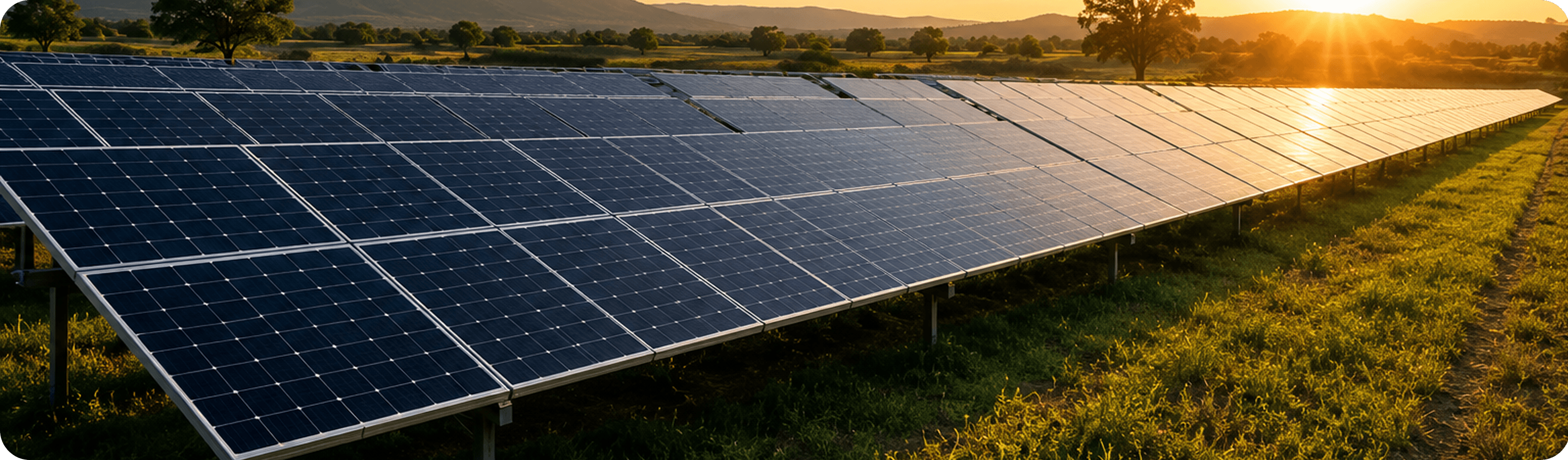 Solar panel farm at sunset supporting cleaner energy